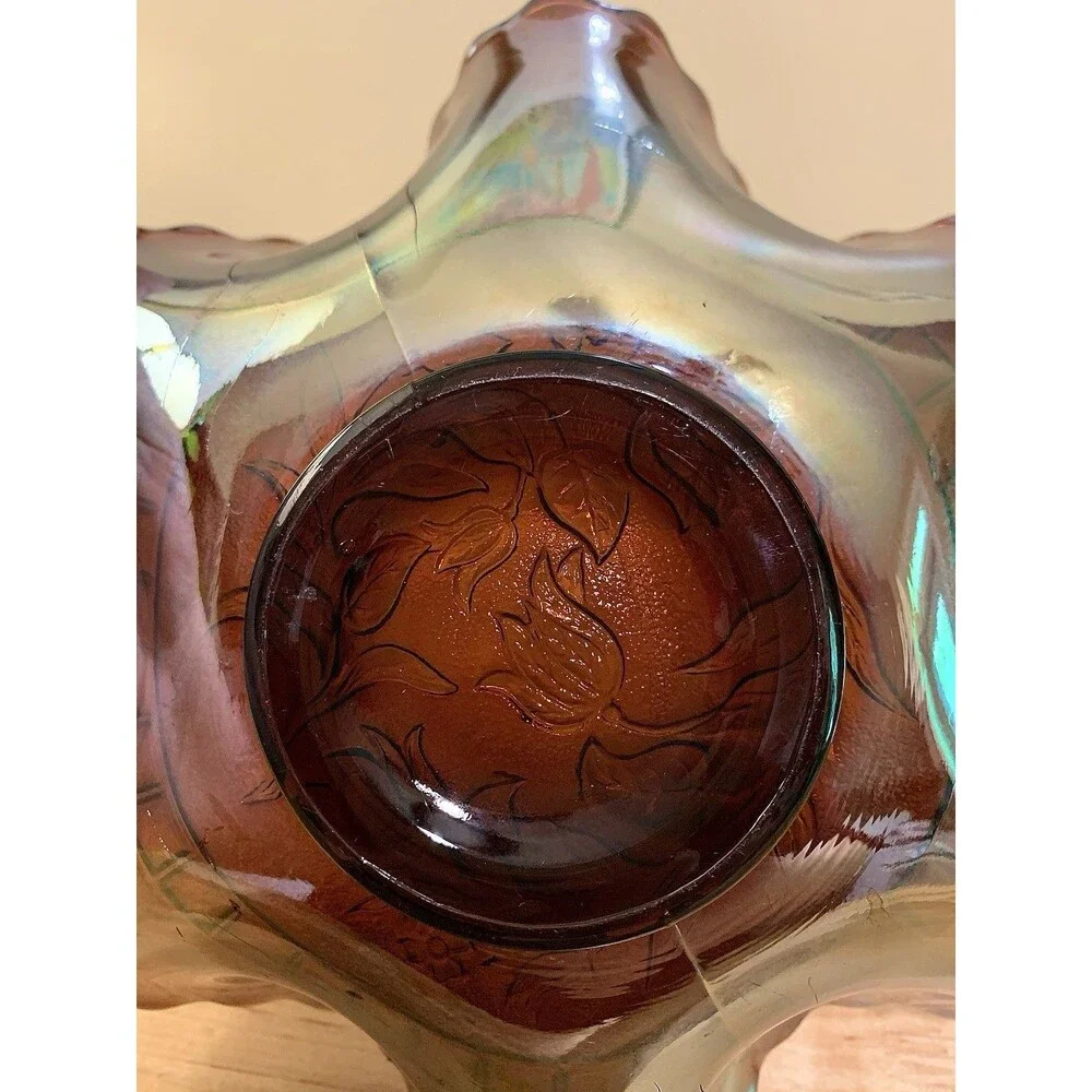 Antique Dugan Amethyst Windflower Iridescent Carnival Glass Ruffled Bowl 8